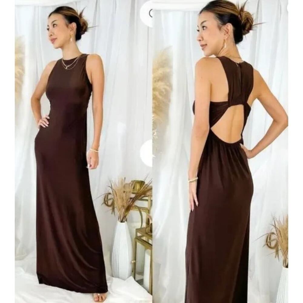MISA LA Womens Size Small Cocoa Slinky Jersey Knit Maxi Dress Cross Back NWT